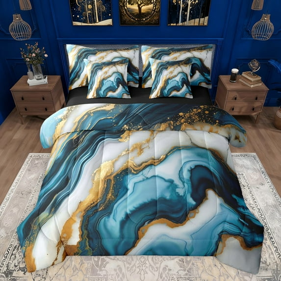 Castle Fairy Teens Female Women Blue Gold Marble Twin Bedding Sets 7-Piece,Marbling Watercolor Bedding Comforter Set Microfiber,Abstract Gradient Vintage Aesthetic Breathable Sheet Sets
