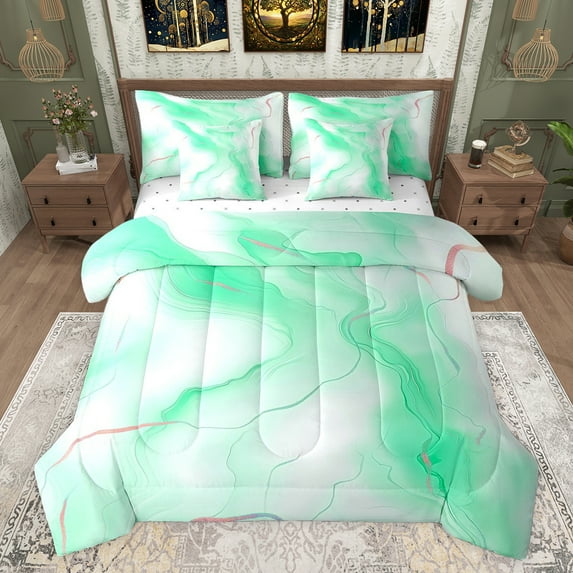 Castle Fairy Teens Female Women Green Gold Marble Bedding Comforter Set 7-Piece,Marbling Watercolor King Bedding Sets,Abstract Gradient Vintage Aesthetic Ultra Soft Bed Sheets,Super Cozy Room Decor