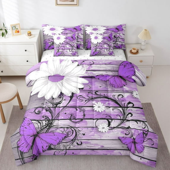 Castle Fairy Teens Floral Butterflies Bedding Comforter Set 7pcs,Retro Vintage Cabin Queen Bedding Sets Super Cozy,Chic Daisy Flowers Queen Sheet Sets,Luxury Bedroom Decor,Reversible