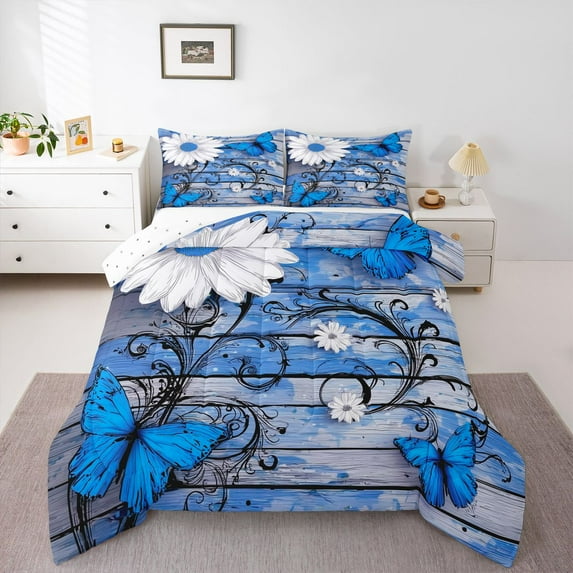 Castle Fairy Teens Floral Butterflies Full Size Comforter Sets 3-Piece,Retro Vintage Cabin Bedding Comforter Set,Chic Daisy Flowers Lightweight Bedding Sets,Luxury Bedroom Decor,Reversible