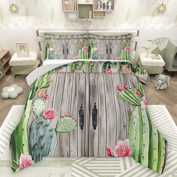 Castle Fairy Teens Floral Green Cactus Bedding Comforter Set 2pcs,Old Barn Door Twin Comforter Sets Microfiber,Botanical Plants Breathable Bedding Set,Microfiber Bedroom Decor,Reversible