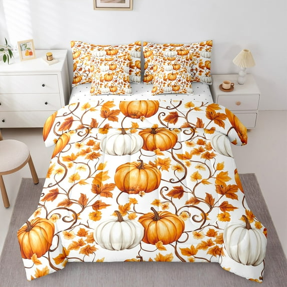 Castle Fairy Teens Floral Pumpkin 7-Piece Bedding Comforter Set,Autumn Harvest King Bedding Sets,Botanical Plants Ultra Soft Bed Sheets,Luxury Bedroom Decor
