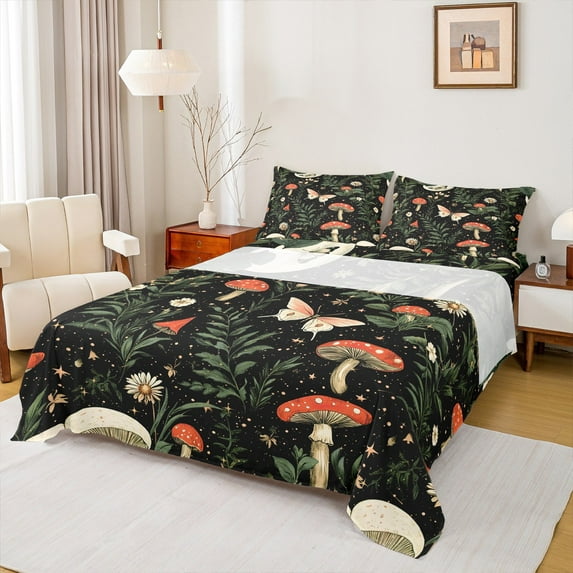 Castle Fairy Teens Flower Mushroom 4 Pieces Queen Sheet Sets,Flying Butterfly Ultra Soft Flat Sheet,Botanical Plants Queen Fitted Sheet,Breathable Home Decor