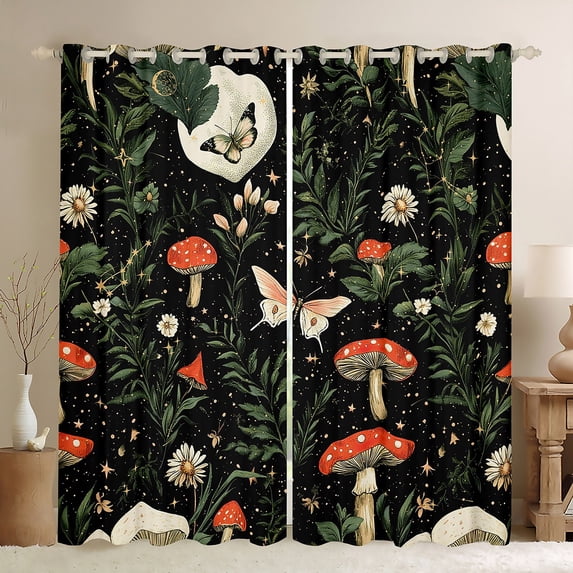Castle Fairy Teens Flower Mushroom Blackout Curtains Set of 2 (52x84 Each),Flying Butterfly Window Curtains,Botanical Plants Curtains and Drapes,Breathable Home Decor