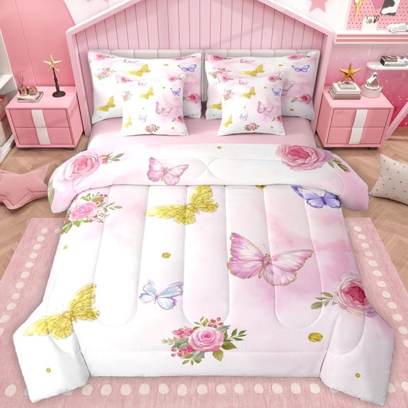 Castle Fairy Teens Flying Butterflies Bedding Comforter Set 7pcs,Spring Garden Flowers Queen Bedding Sets Super Cozy,Bling Golden Glitter Queen Sheet Sets,Breathable Home Decor,Reversible