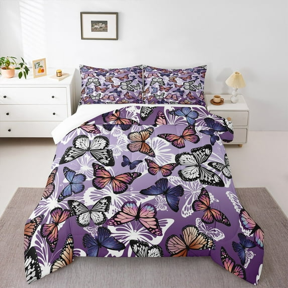Castle Fairy Teens Flying Butterflies Full Size Comforter Sets 3-Piece,Abstract Gradient Bedding Comforter Set,Dreamy Princess Lightweight Bedding Sets,Breathable Home Decor