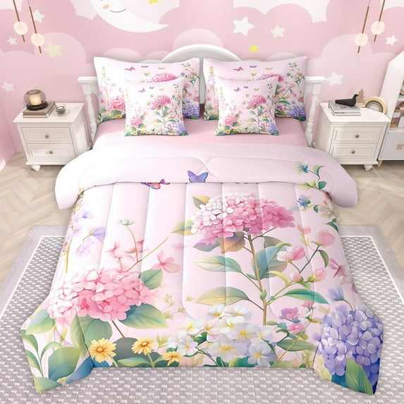 Castle Fairy Teens Flying Butterflies Twin Bedding Sets 7-Piece,Spring Garden Flowers Bedding Comforter Set Microfiber,Dreamy Princess Floral Breathable Sheet Sets,Lightweight Room Decor,Reversible