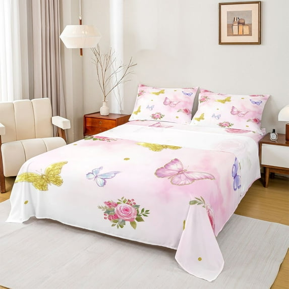 Castle Fairy Teens Flying Butterflies Twin Sheet Sets 3pcs,Spring Garden Flowers Twin Fitted Sheet Microfiber,Bling Golden Glitter Breathable Flat Sheet,Breathable Home Decor