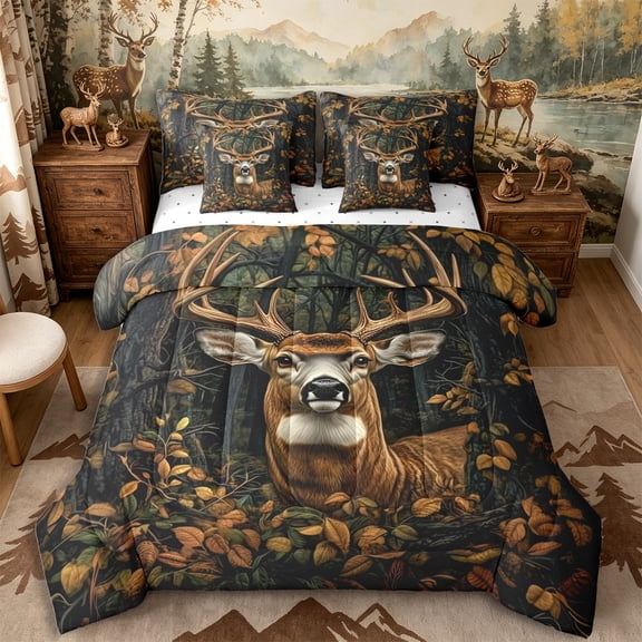 Castle Fairy Teens Forest Whitetail Deer Full Size Bedding Sets 7 Pieces,Autumn Woodland Tree Full Size Bed in a Bag,Brown Green Orange,Reversible