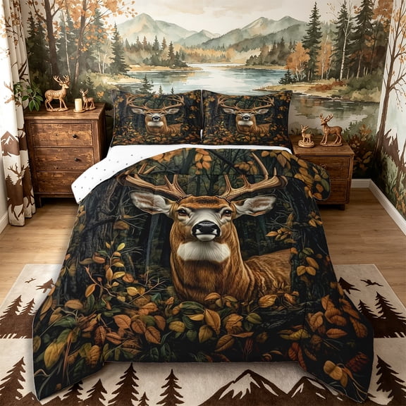 Castle Fairy Teens Forest Whitetail Deer Full Size Comforter Sets 3-Piece,Autumn Woodland Tree Bedding Comforter Set,Brown Green Orange,Reversible,1 Comforter and 2 Pillowcases