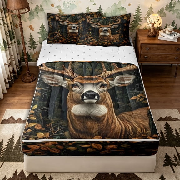 Castle Fairy Teens Forest Whitetail Deer Zipper Full Size Comforter Sets with Fitted Sheet and 2 Pillowcases,Autumn Woodland Tree Zipper Bedding Set,Brown Green Orange,Reversible,4pcs