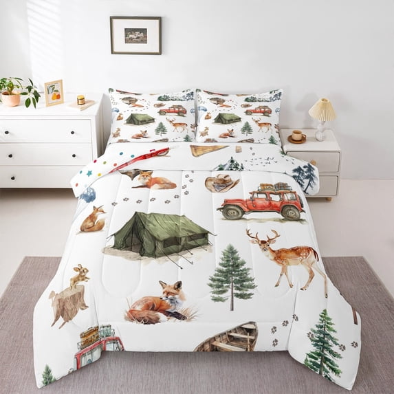 Castle Fairy Teens Fox Deer Rabbit 2pcs Bedding Comforter Set,Happy Camping Twin Comforter Sets,Jungle Animal Breathable Bedding Set,Lightweight Room Decor