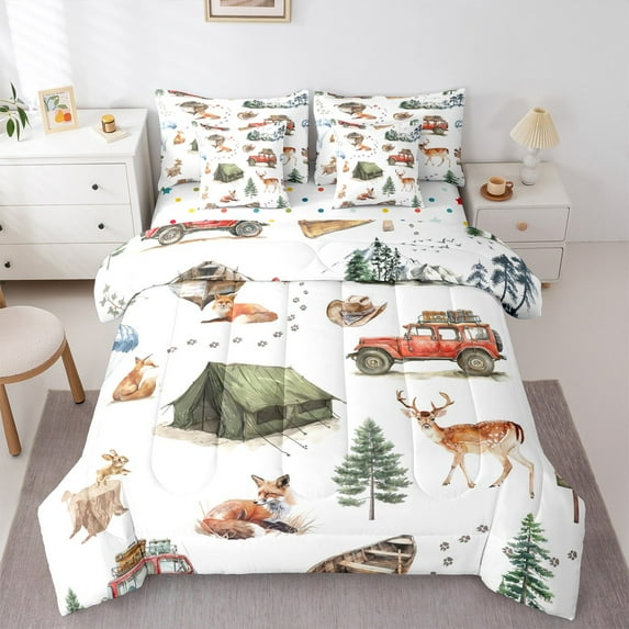 Castle Fairy Teens Fox Deer Rabbit 7-Piece Twin Bedding Sets,Happy Camping Bedding Comforter Set,Jungle Animal Breathable Sheet Sets,Lightweight Room Decor