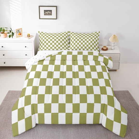 Castle Fairy Teens Geometric Plaid 3 Pieces Queen Comforter Set,Minimalist Grid Ultra Soft Bedding Sets,Vintage Aesthetic Bedding Comforter Set Breathable,Ultra Soft Home Decor,Reversible