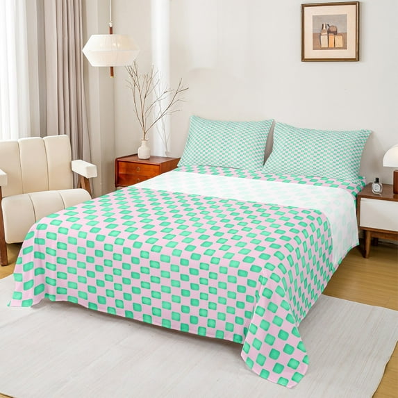 Castle Fairy Teens Geometric Plaid 3pcs Twin Sheet Sets,Pink Teal Twin Fitted Sheet,Minimalist Lattice Breathable Flat Sheet,Ultra Soft Home Decor