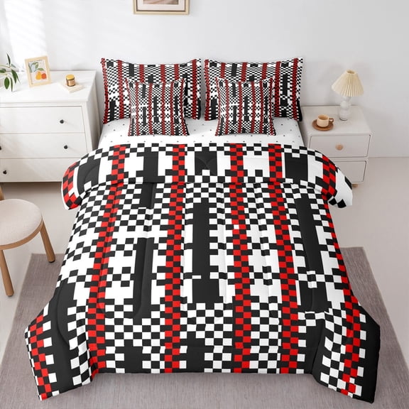 Castle Fairy Teens Geometric Plaid 7-Piece Bedding Comforter Set,Abstract Lattice King Bedding Sets,Minimalist Geometric Ultra Soft Bed Sheets,Super Cozy Room Decor