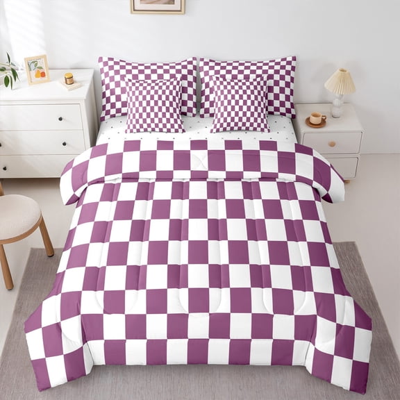 Castle Fairy Teens Geometric Plaid Bedding Comforter Set 7-Piece,Minimalist Grid King Bedding Sets,Vintage Aesthetic Ultra Soft Bed Sheets,Ultra Soft Home Decor,Reversible