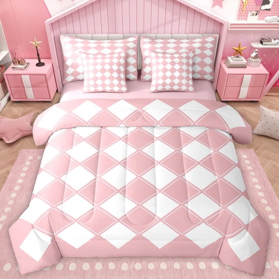 Castle Fairy Teens Geometric Plaid Bedding Comforter Set 7 Pieces,Minimalist Grid Full Bedding Set Lightweight,Vintage Aesthetic Fitted Sheet Flat Sheet,Ultra Soft Home Decor,Reversible