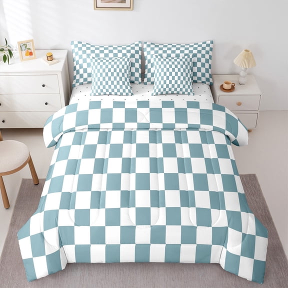 Castle Fairy Teens Geometric Plaid Bedding Comforter Set 7pcs,Minimalist Grid Queen Bedding Sets Super Cozy,Vintage Aesthetic Queen Sheet Sets,Ultra Soft Home Decor,Reversible