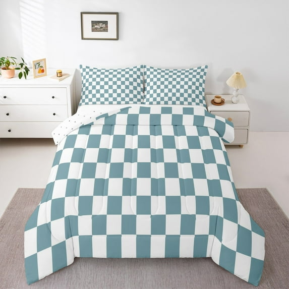 Castle Fairy Teens Geometric Plaid Full Size Comforter Sets 3-Piece,Minimalist Grid Bedding Comforter Set,Vintage Aesthetic Lightweight Bedding Sets,Ultra Soft Home Decor,Reversible