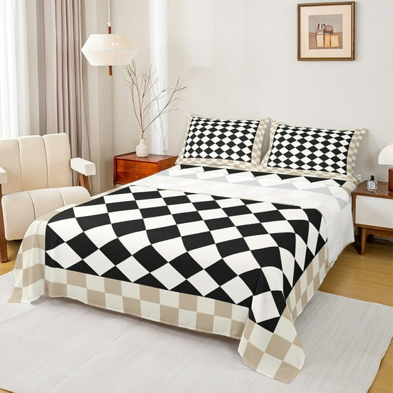 Castle Fairy Teens Geometric Plaid Full Size Sheets 4-Piece,Minimalist Grid Breathable Bed Sheets,Vintage Aesthetic Lightweight Sheet Sets,Ultra Soft Home Decor