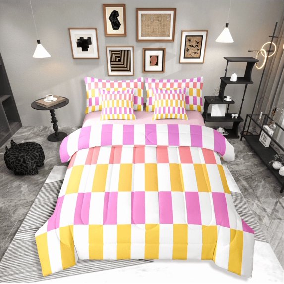 Castle Fairy Teens Geometric Rectangle 7pcs Bedding Comforter Set,Colorful Plaid Queen Bedding Sets Super Cozy,Mid Century Queen Sheet Sets,Lightweight Room Decor