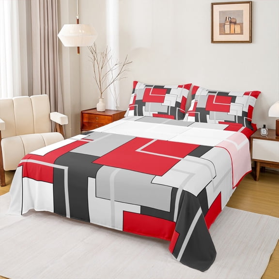 Castle Fairy Teens Geometric Stripes 3pcs Twin Sheet Sets,Minimalism Rectangle Twin Fitted Sheet,Grey Red Breathable Flat Sheet,Luxury Bedroom Decor