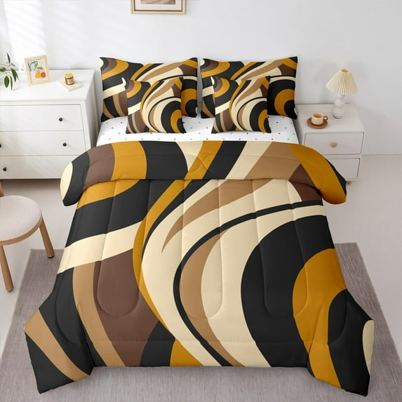 Castle Fairy Teens Geometric Stripes 7-Piece Twin Bedding Sets,Mid Century Bedding Comforter Set,Abstract Vintage Breathable Sheet Sets,Super Cozy Room Decor