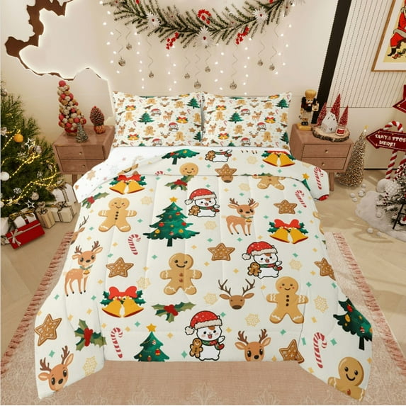 Castle Fairy Teens Gingerbread Man 3-Piece Full Size Comforter Sets,Xmas Deer Bedding Comforter Set,Happy New Year Lightweight Bedding Sets,Microfiber Bedroom Decor