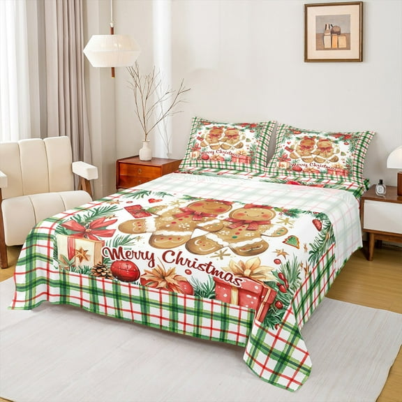 Castle Fairy Teens Gingerbread Man 4 Pieces Queen Sheet Sets,Geometric Plaid Ultra Soft Flat Sheet,Merry Christmas Queen Fitted Sheet,Lightweight Room Decor