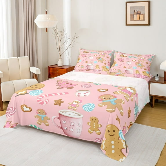Castle Fairy Teens Gingerbread Man 4 Pieces Queen Sheet Sets,Happy New Year Ultra Soft Flat Sheet,Candy Cane Queen Fitted Sheet,Microfiber Bedroom Decor