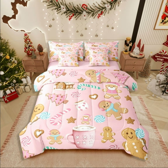 Castle Fairy Teens Gingerbread Man 7-Piece Twin Bedding Sets,Happy New Year Bedding Comforter Set,Candy Cane Breathable Sheet Sets,Microfiber Bedroom Decor
