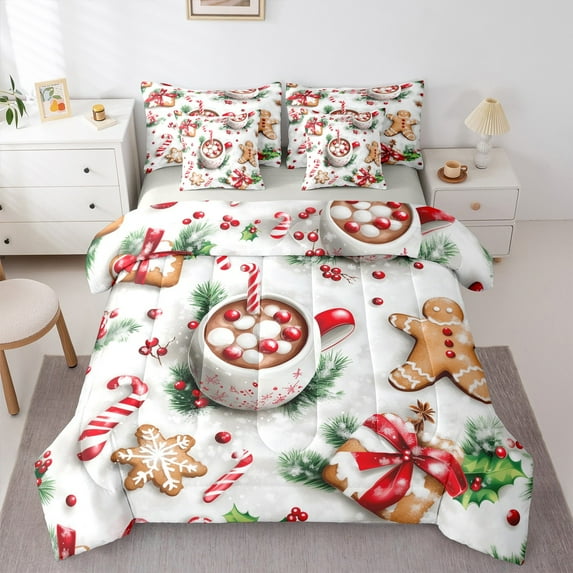 Castle Fairy Teens Gingerbread Man 7pcs Bedding Comforter Set,Candy Cane Queen Bedding Sets Super Cozy,Festival Xmas Queen Sheet Sets,Microfiber Bedroom Decor