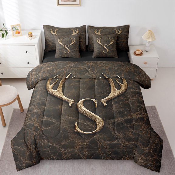Castle Fairy Teens Girls Boys Personalized Initial Letter S 7-Piece Bedding Comforter Set,Abstract Retro King Bedding Sets,Woodland Animal Deer Ultra Soft Bed Sheets,Lightweight Room Decor