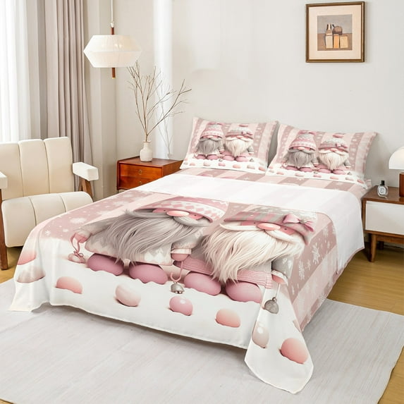 Castle Fairy Teens Girls Kawaii Pink Gnome 4-Piece Full Size Sheets,Merry Christmas Snowflake Bed Sheets,Happy New Year Lightweight Sheet Sets,Luxury Bedroom Decor