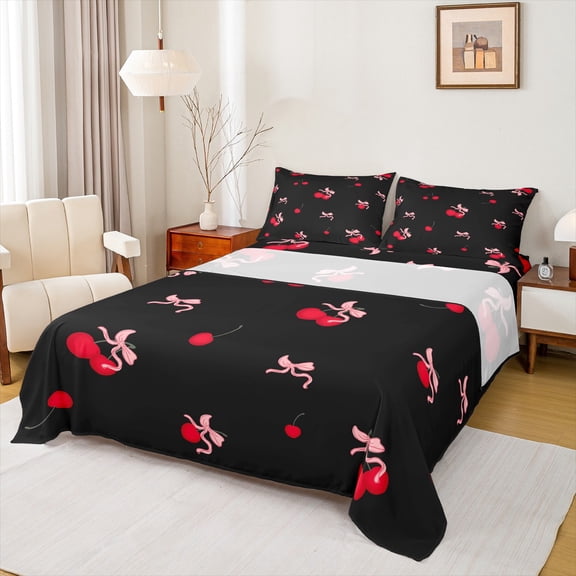 Castle Fairy 4-Piece King Size Bed Sheet Set - Pink Bow Red Cherry Princess Print