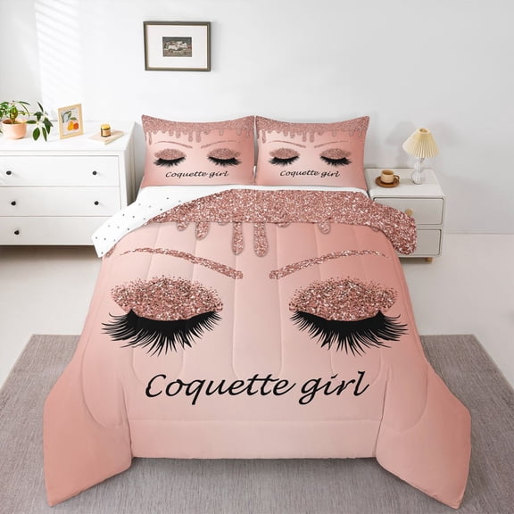 Castle Fairy Teens Girly Eyelash Twin Comforter Sets,Bling Glitter Print Bedding Set