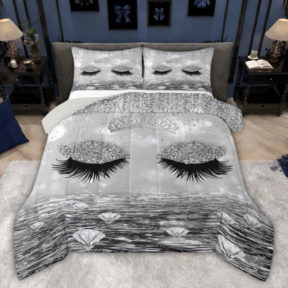 Castle Fairy Teens Girly Eyelash Twin Comforter Sets,Crystal Glitter Print Bedding Set