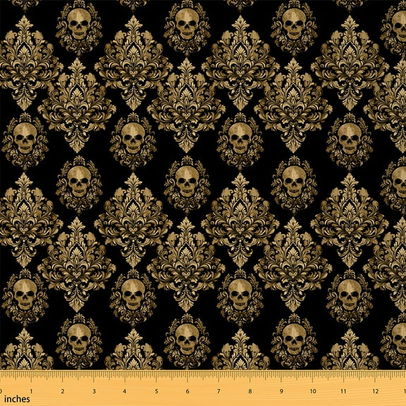 Castle Fairy Teens Golden Skull Fabric by the Yard 2 Yards,Bohemian Damask Room Decor Fabric by the Yard,Gothic Style Sewing Fabric,Super Cozy Room Decor