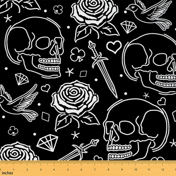 Castle Fairy Teens Gothic Skull Fabric by the Yard 2 Yards,Chic Flower Rose Room Decor Fabric by the Yard,Happy Halloween Sewing Fabric,Breathable Home Decor