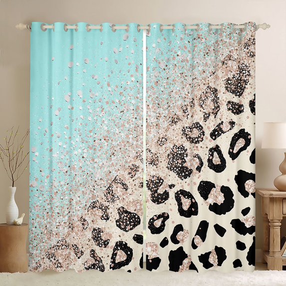 Castle Fairy Teens Gradient Cheetah Print Curtains Pack of 2 (42x84 Each),Blue Brown Ombre Curtains Blackout,Abstract Bling Glitter Bedroom Curtains,Super Cozy Room Decor