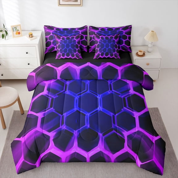 Castle Fairy Teens Gradient Hexagon Bedding Comforter Set,Neon Lights Full Bedding Set