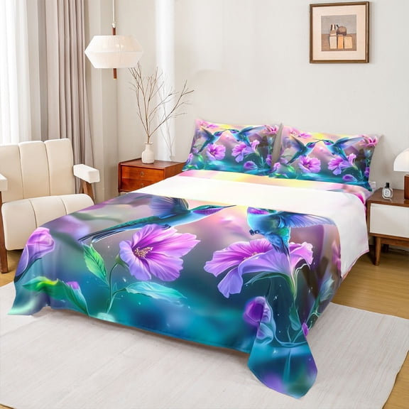Castle Fairy Teens Gradient Hummingbird Twin Sheet Sets,Purple Floral Flowers Bedding