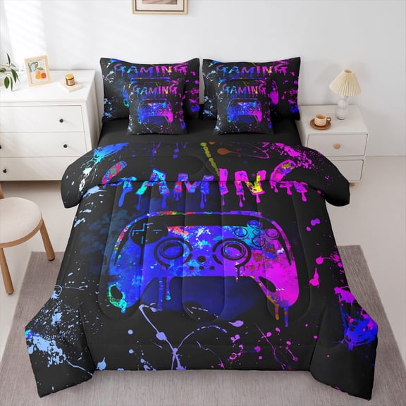 Castle Fairy Teens Graffiti Gamer Bedding Comforter Set,Abstract Splash Full Bedding Set