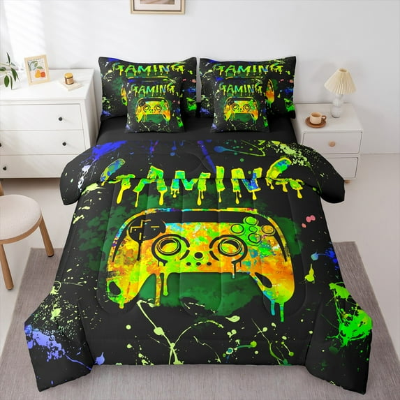 Castle Fairy Teens Graffiti Gamer Bedding Comforter Set,Abstract Splash Full Bedding Set