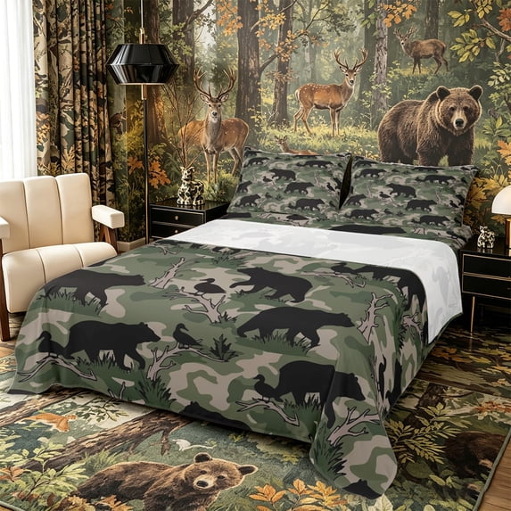 Castle Fairy Teens Green Camo Wildlife King Sheets 4pcs,Black Bear Duck Bedding,Olive Dark Green Black,1 Fitted Sheet, 1 Flat Sheet and 2 Pillowcases