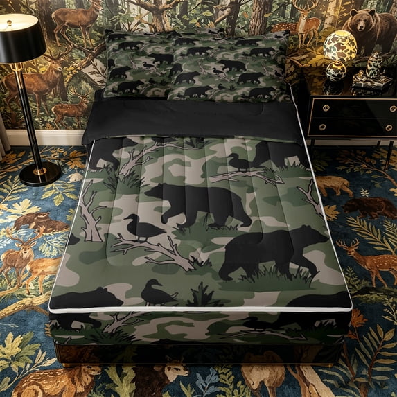 Castle Fairy Teens Green Camo Wildlife Zipper Full Size Comforter Sets with Fitted Sheet and 2 Pillowcases,Black Bear Duck Zipper Bedding Set,Olive Dark Green Black,Black Reversible,4pcs