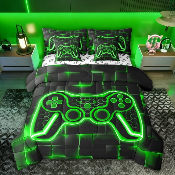 Castle Fairy Teens Green Gamepads Bedding Comforter Set,Video Game Queen Bedding Sets