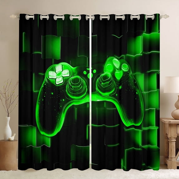 Castle Fairy Teens Green Gamepads Curtains Pack of 2 (42x84 Each),Futuristic Cubes Curtains Blackout,Galaxy Universe Bedroom Curtains,Lightweight Room Decor