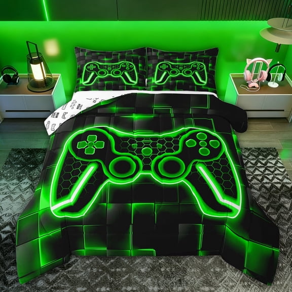 Castle Fairy Teens Green Gamepads Full Size Comforter Sets,Video Game Bedding Sets
